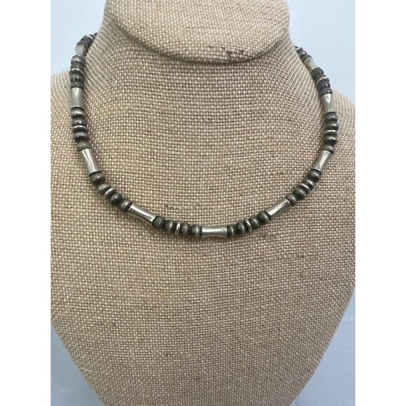 Unisex Hematite & Silver Tone Beaded Necklace 16" - Picture 1 of 6